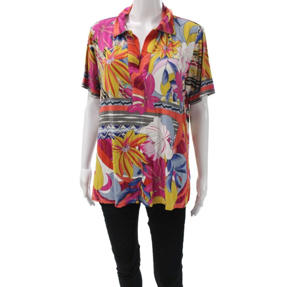 Johnny Was Women Floral Silk Collared Tunic Polo Short Sleeve Pink Size L